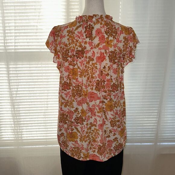 LOFT M White Pink Brown Orange Floral Flutter Sleeve Mock Ruffle Neck Blouse - Picture 2 of 10